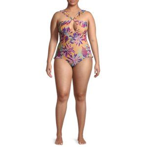 NEW-Xoxo Women's Plus Size Peek-A-Boo Frill Neckline One Piece Swimsuit